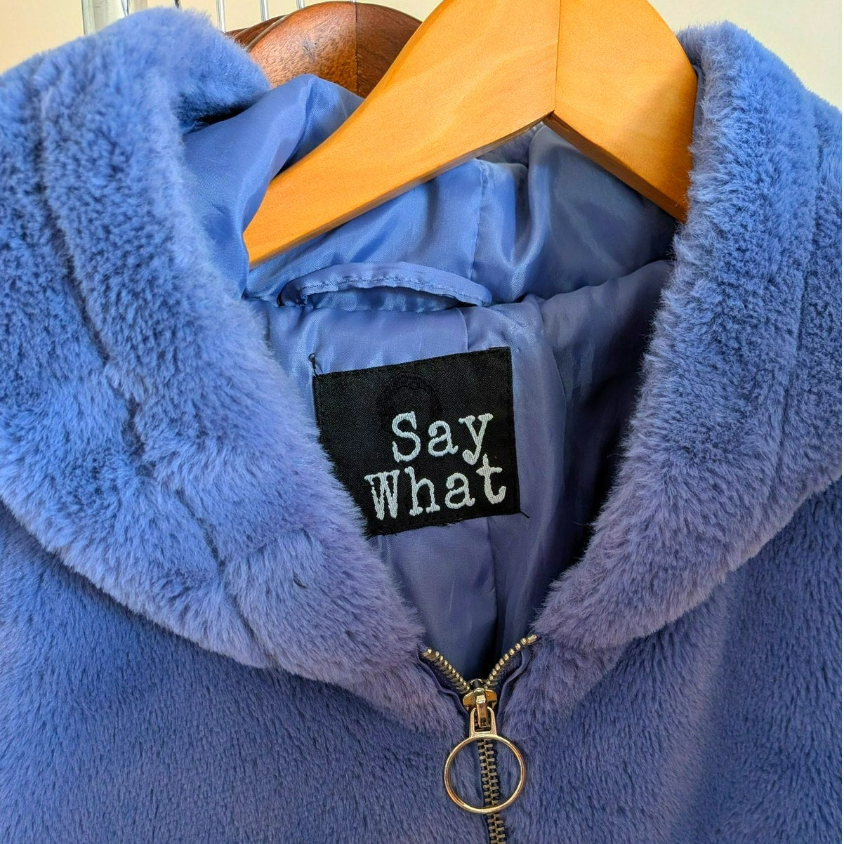 Y2K Blue Faux Fur Jacket Furry Hooded Zip Up Sweatshirt M Velvet Fuzzy Sweater