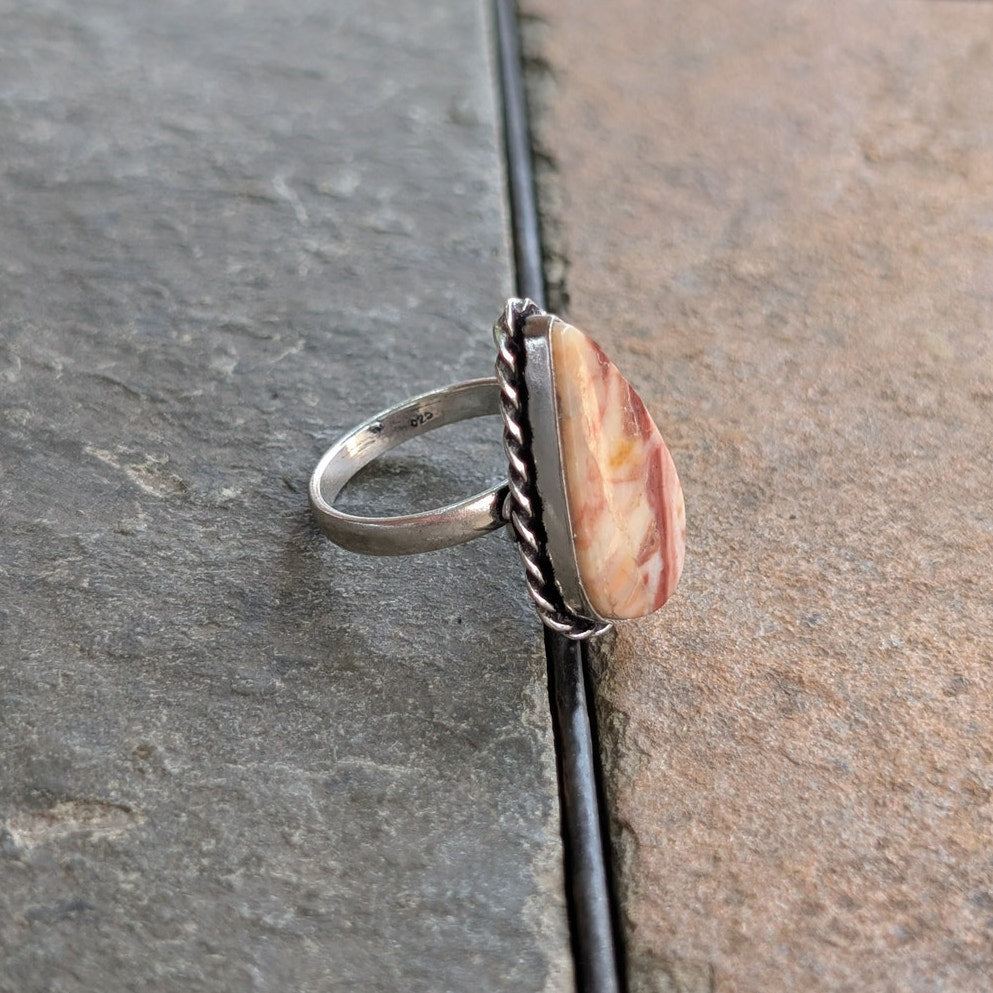 Cream Red Boho Statement Ring Teardrop Silver Vintage Groovy Southwest Size 8.75