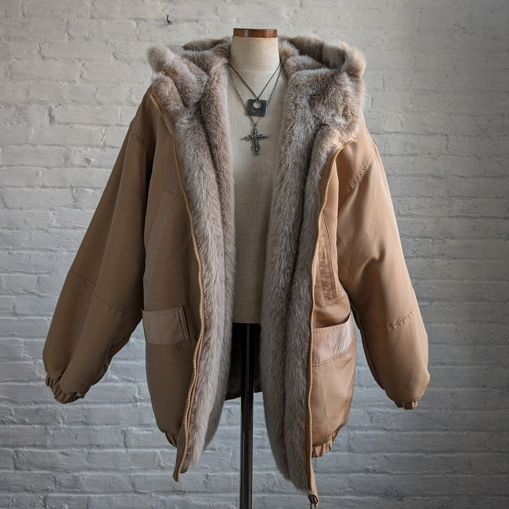 Vintage Faux Fur Neutral Plush Coat Mob Wife Furry Cozy Glam Fuzzy Jacket
