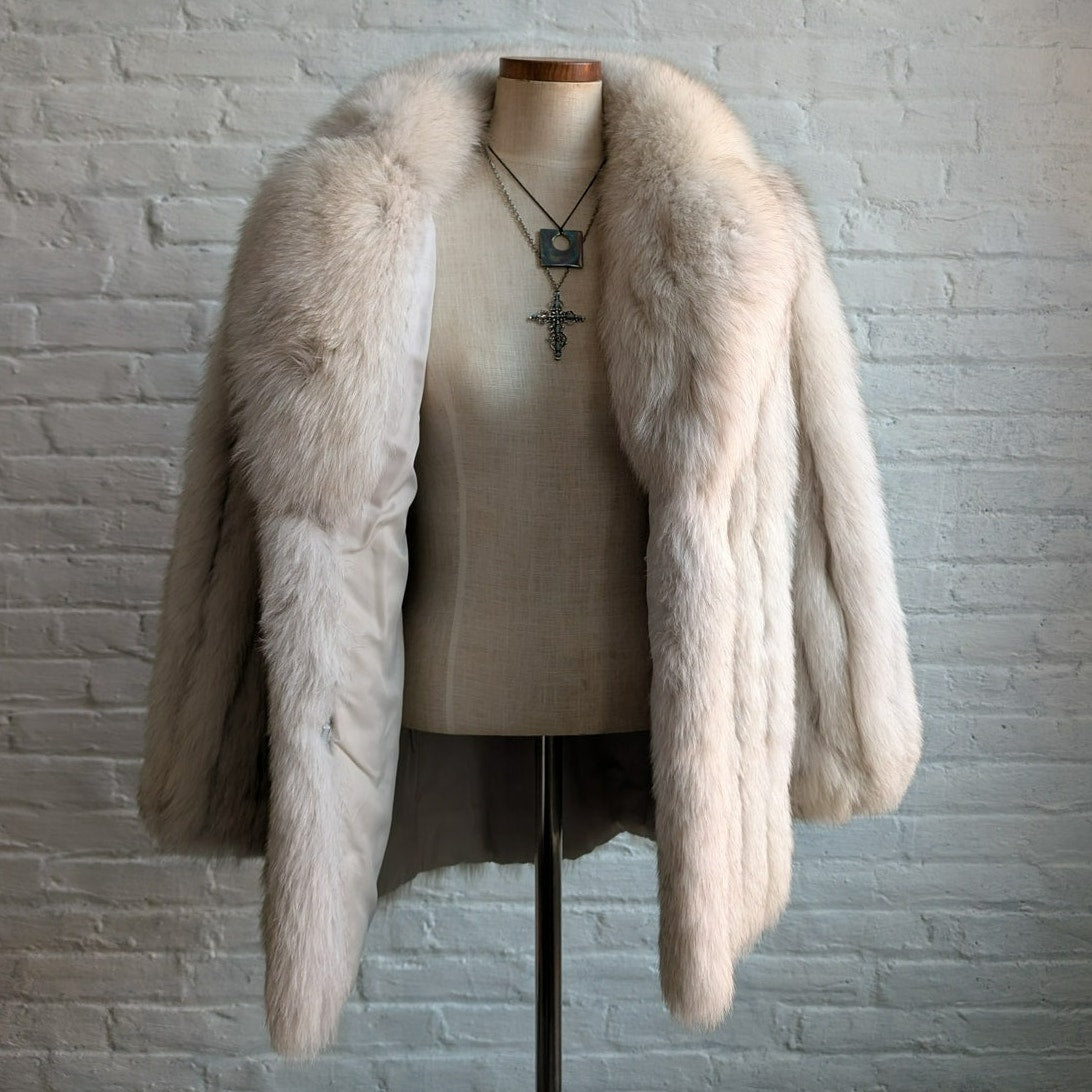 Vintage White Fluffy Fox Fur Coat Spotted Genuine Furry Mobwife Designer Jacket