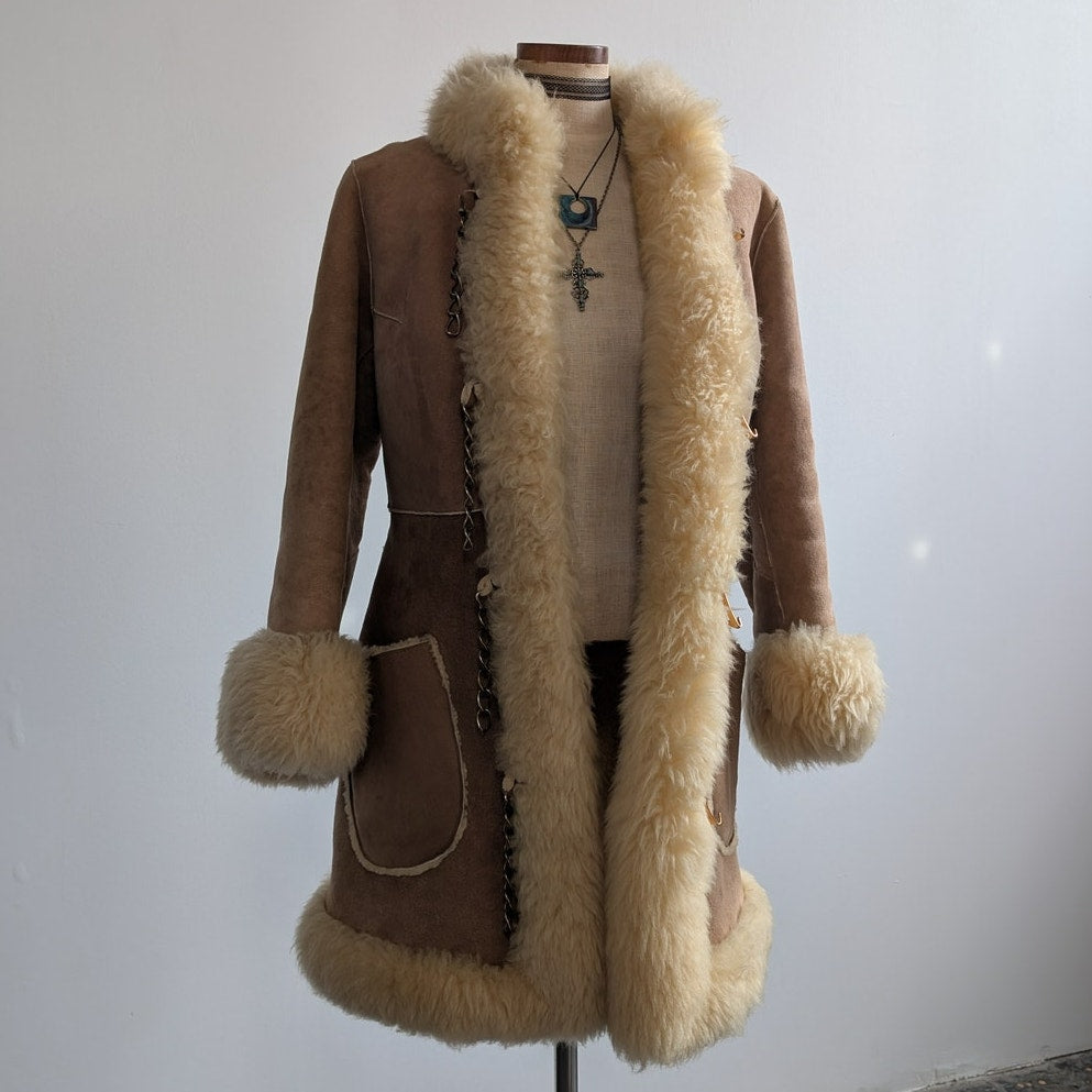 Vintage Brown Suede Fur Coat Boho Tan Leather Penny Lane Jacket Fur Trim Medium