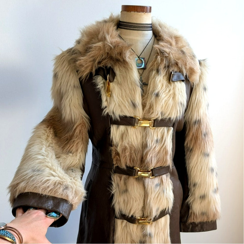 Vintage Cheetah Faux Fur Afghan Coat Leather Penny Lane Shaggy Trench Jacket