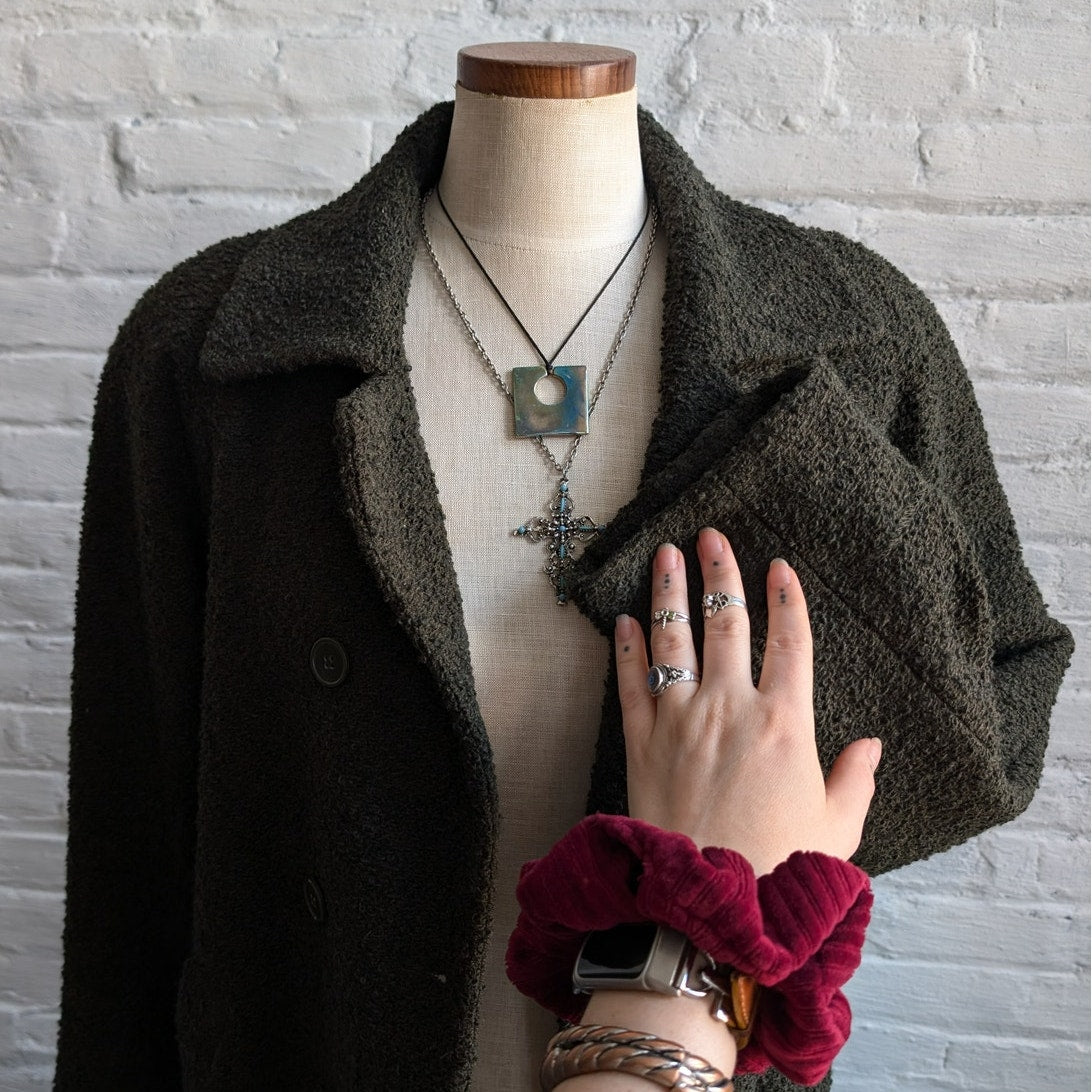 Y2K Vintage Green Wool Trench Coat Knit Earthtone Oversize Boho Jacket Medium