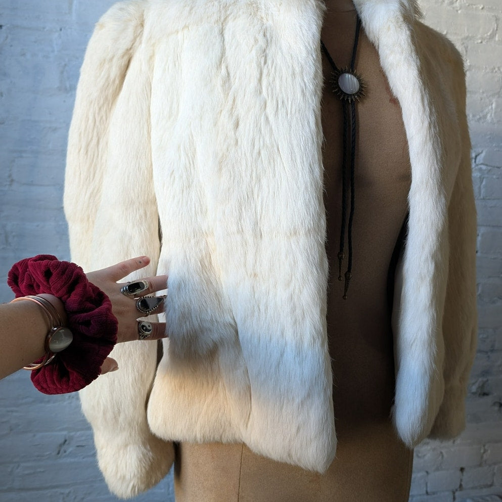 Vintage White Rabbit Fur Coat Mob Wife Minimalist Furry Boho Chic Glam Jacket