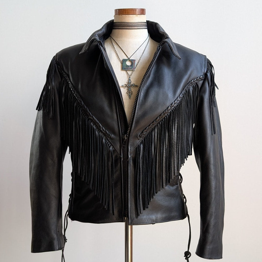 Vintage Black Leather Biker Jacket Fringe Sexy Moto Cowgirl Western Coat Small