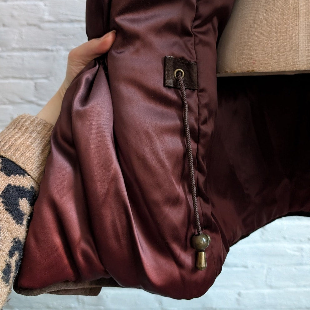 Vintage Brown Genuine Suede Fur Trim Coat Leather Minimalist Mini Trench Jacket