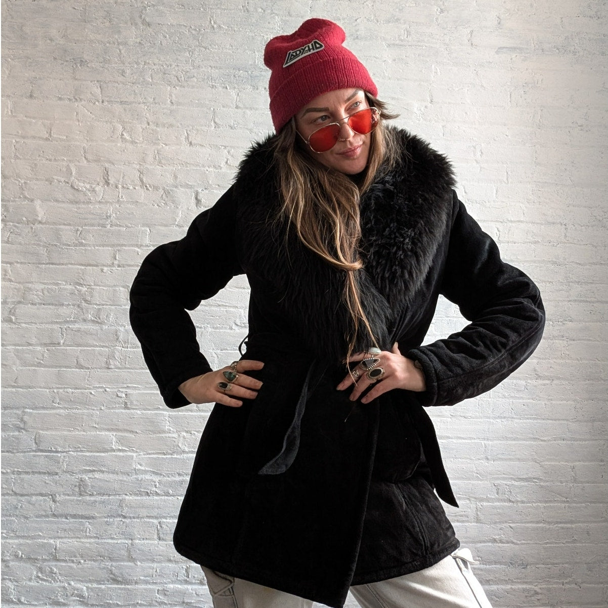 Vintage Black Suede Penny Lane Coat Fur Mini Trench Minimalist Goth Furry Jacket