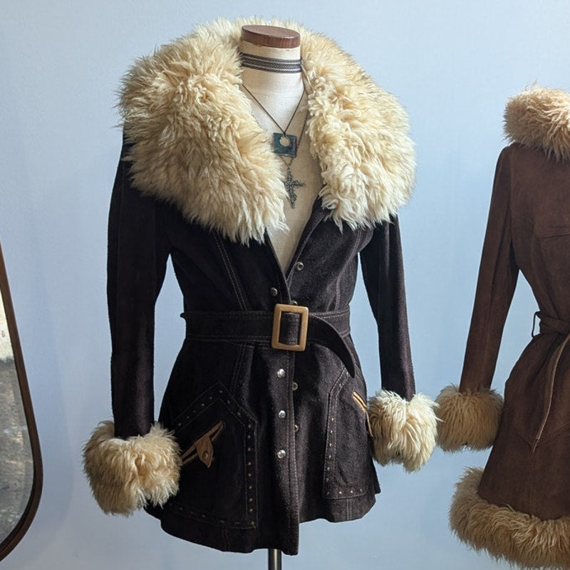 Vintage 70s Brown Suede Jacket Penny Lane Coat Shearling Fur Trim Western Small