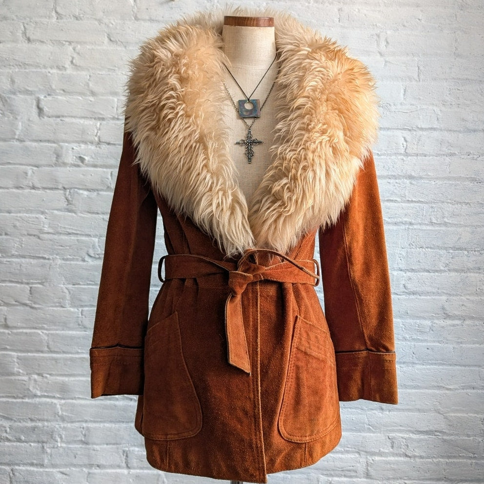 Vintage Orange Suede Penny Lane Jacket Groovy Furry Genuine Leather Trench Coat