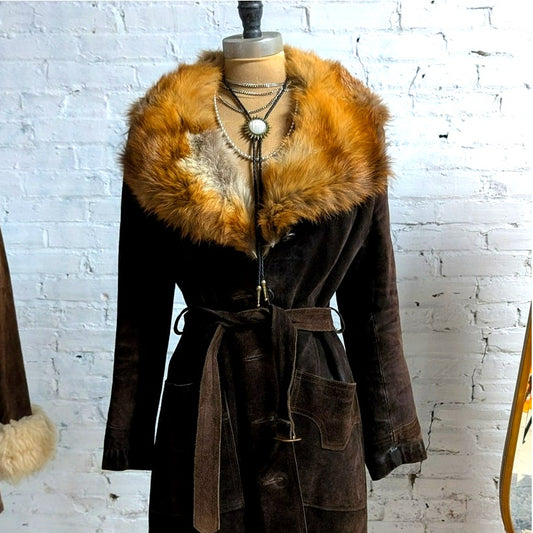 Penny Lane Coat Vintage Brown Leather Trench Coat Brown Suede Fur Coat Large