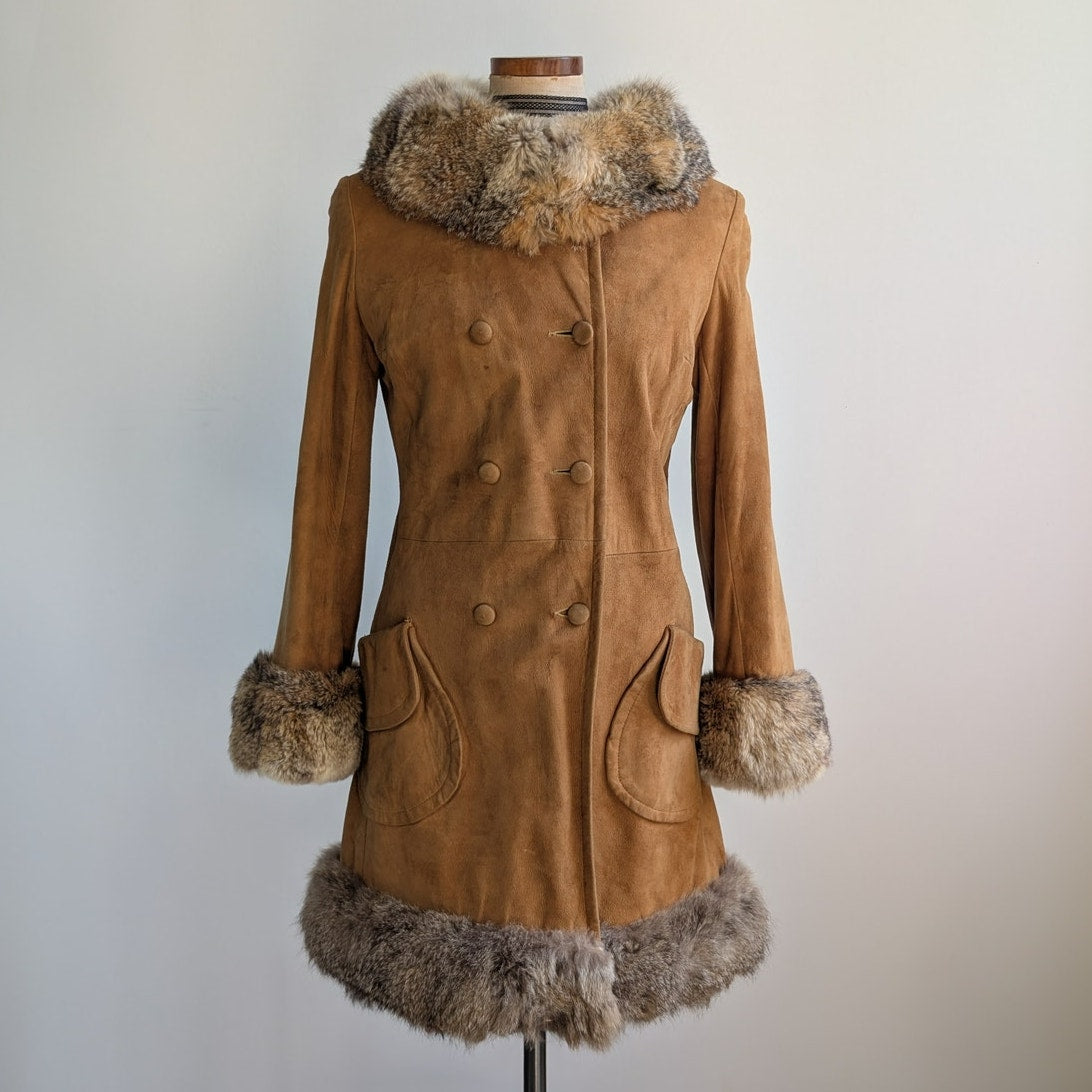 Vintage Brown Suede Fur Trim Penny Lane Jacket Furry Leather Trench Coat Medium