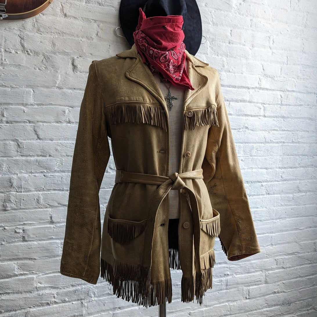 Vintage Tan Leather Fringe Jacket Western Minimalist Witchy Boho Cowgirl Blazer