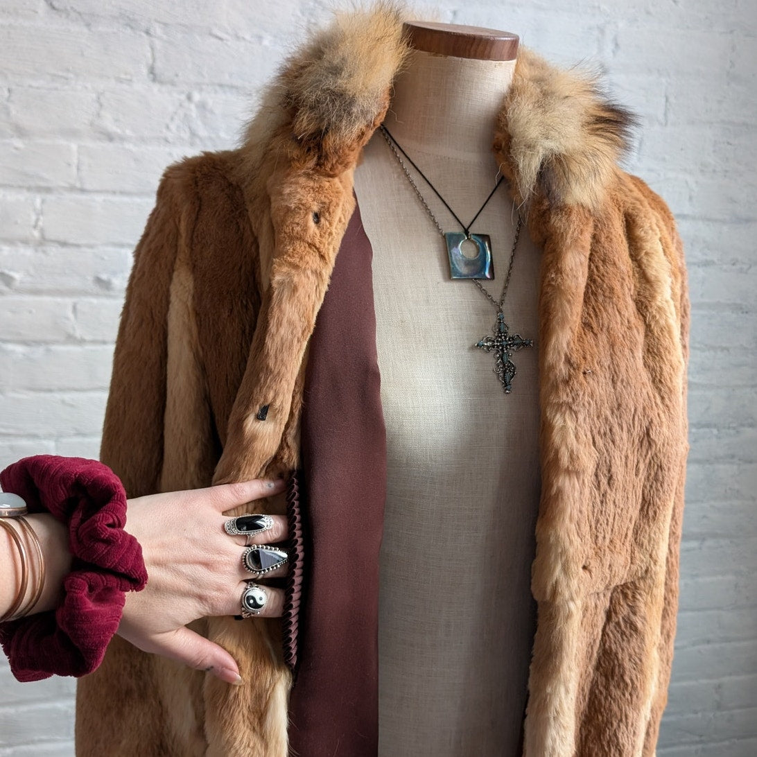 Vintage Rust Orange Rabbit Fur Coat Fuzzy Mobwife Cozy Plush Western Boho Jacket
