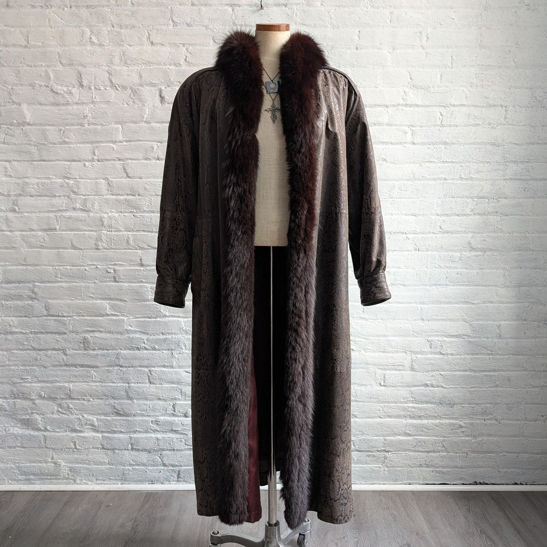 Vintage Black Leather Snakeskin Trench Coat Minimalist Penny Lane Fox Fur Jacket