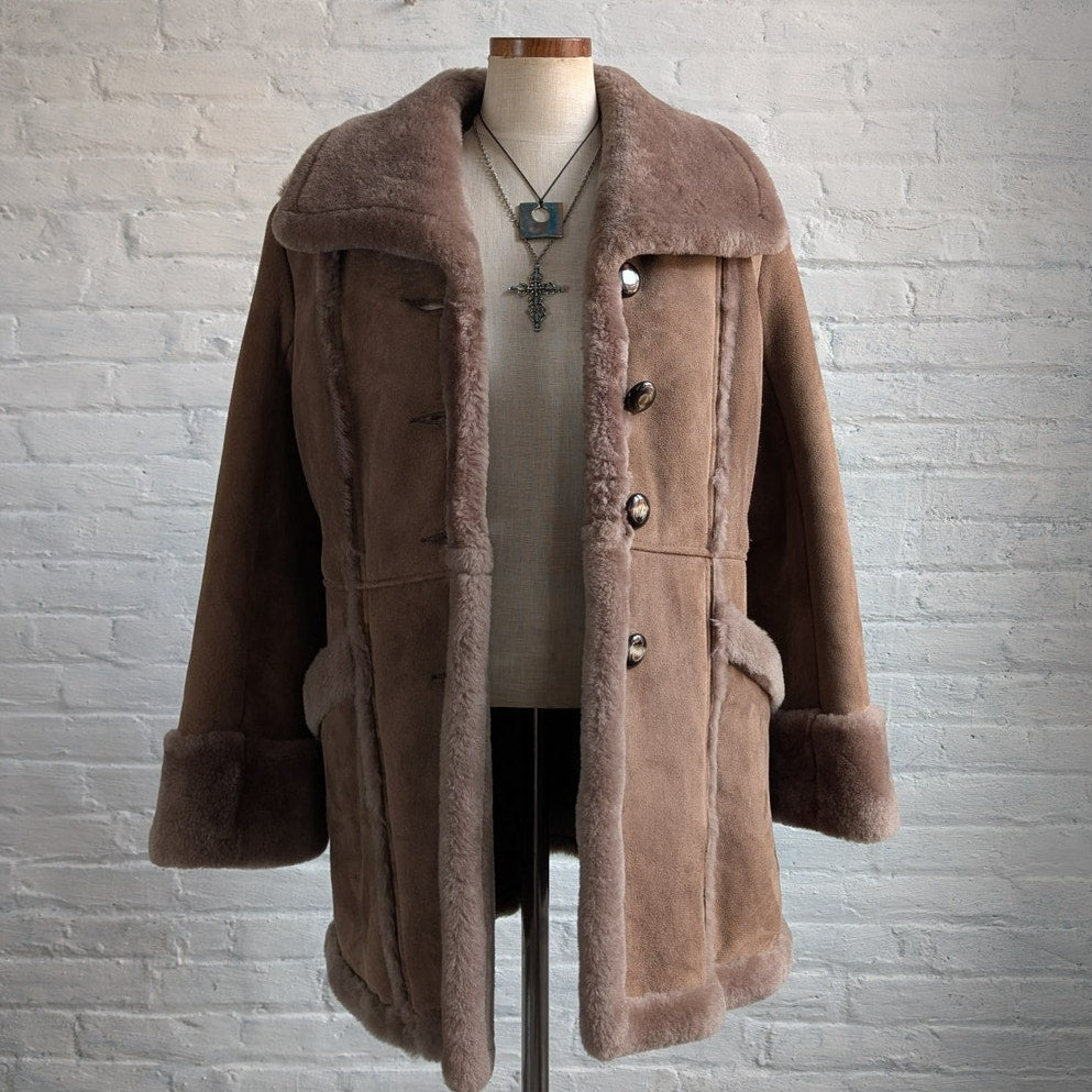 Vintage Brown Suede Leather Penny Lane Coat Shearling Minimalist Cozy Fur Jacket