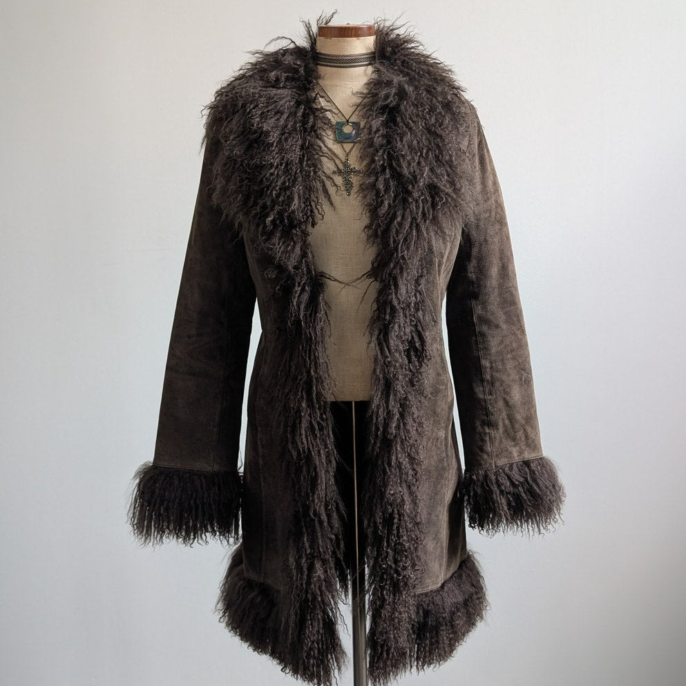 Vintage Brown Suede Penny Lane Jacket Fur Shag Leather Groovy Trench Coat Medium