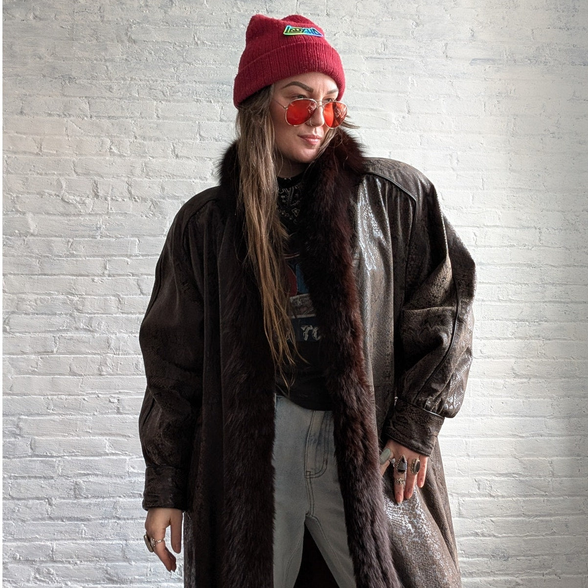 Vintage Black Leather Snakeskin Trench Coat Minimalist Penny Lane Fox Fur Jacket