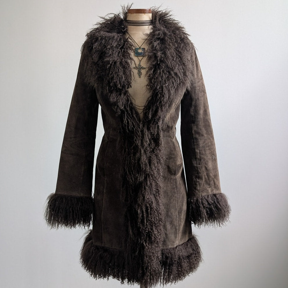 Vintage Brown Suede Penny Lane Jacket Fur Shag Leather Groovy Trench Coat Medium