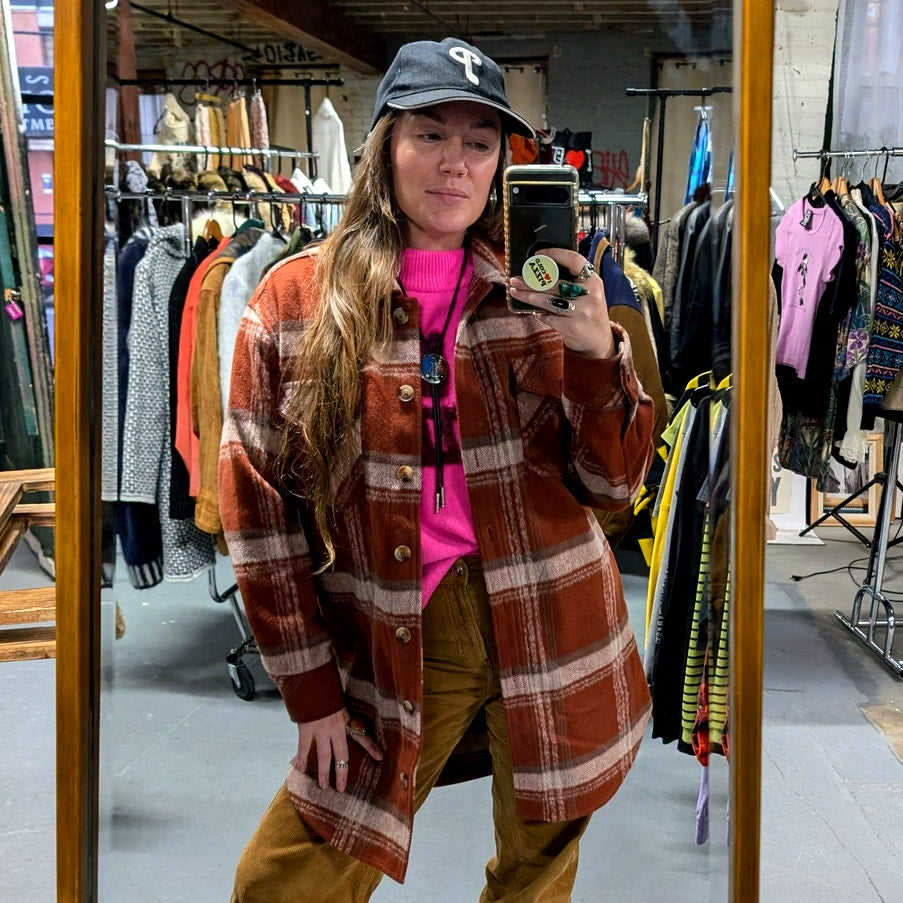 Red Plaid Flannel Jacket Gorpcore Utility Shacket Grunge Boho Chic Earthy Small