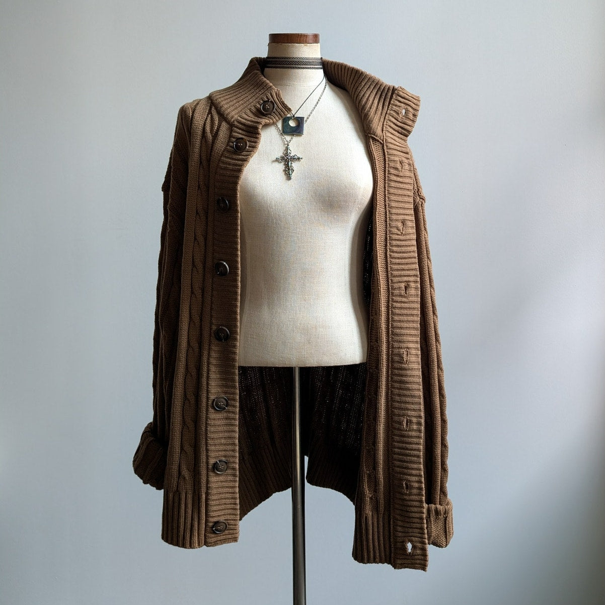 Vintage Brown Cable Knit Cardigan Chunky Grandpa Cosby Sweater Minimalist XL
