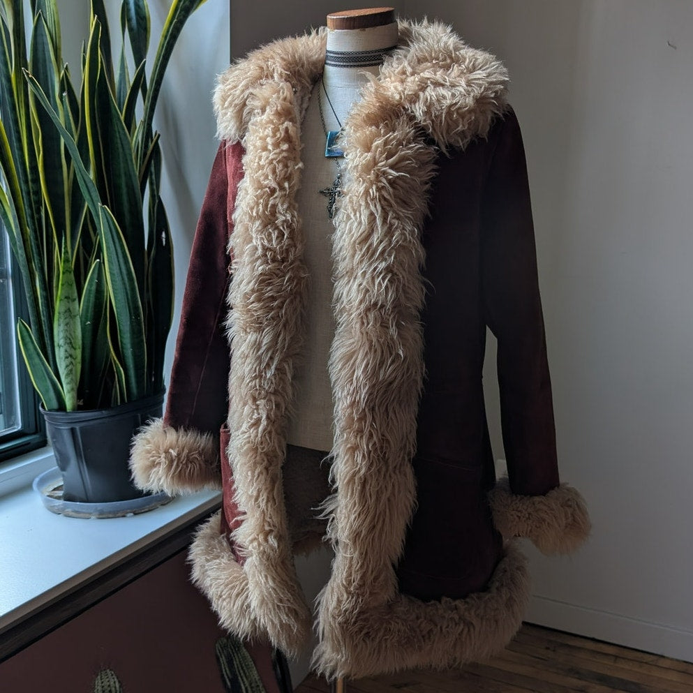 Vintage Red Suede Jacket Leather Penny Lane Coat Fur Trim 70s Trench Coat Small