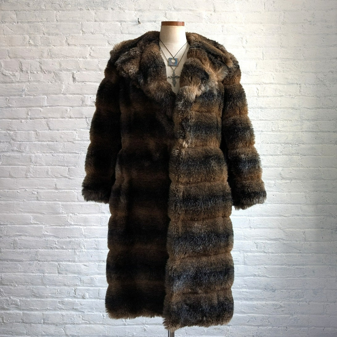Vintage Ombre Faux Fur Coat Trench Shaggy Faux Leather Groovy Glam Plush Jacket