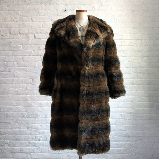 Vintage Ombre Faux Fur Coat Trench Shaggy Faux Leather Groovy Glam Plush Jacket
