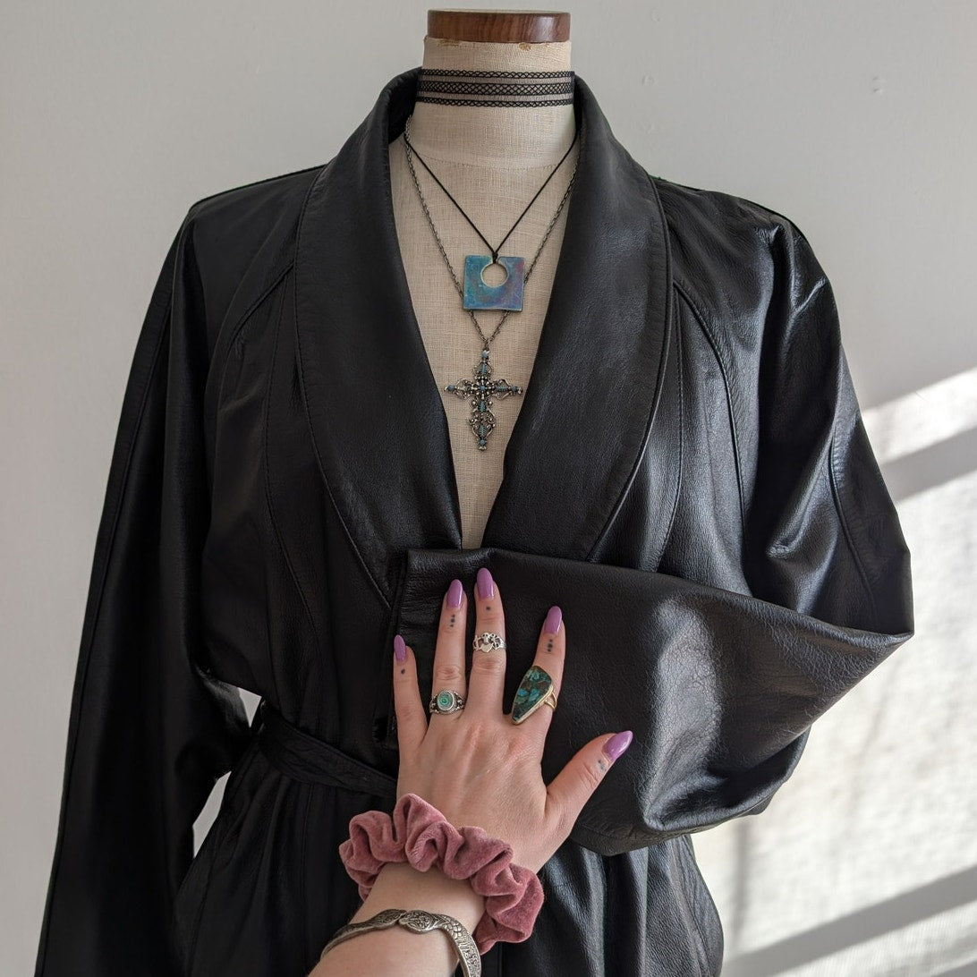 Vintage Black Leather Jacket Leather Trench Coat Minimalist Goth Duster Large XL