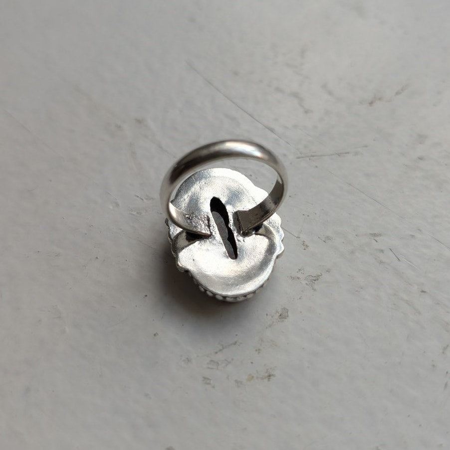 Earthy Green Pink Natural Stone Ring Boho Chic Sterling Silver Vintage Size 9