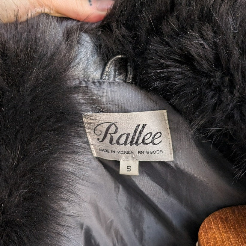 Vintage Black Leather Penny Lane Coat Fur Trench Minimalist Goth Furry Jacket