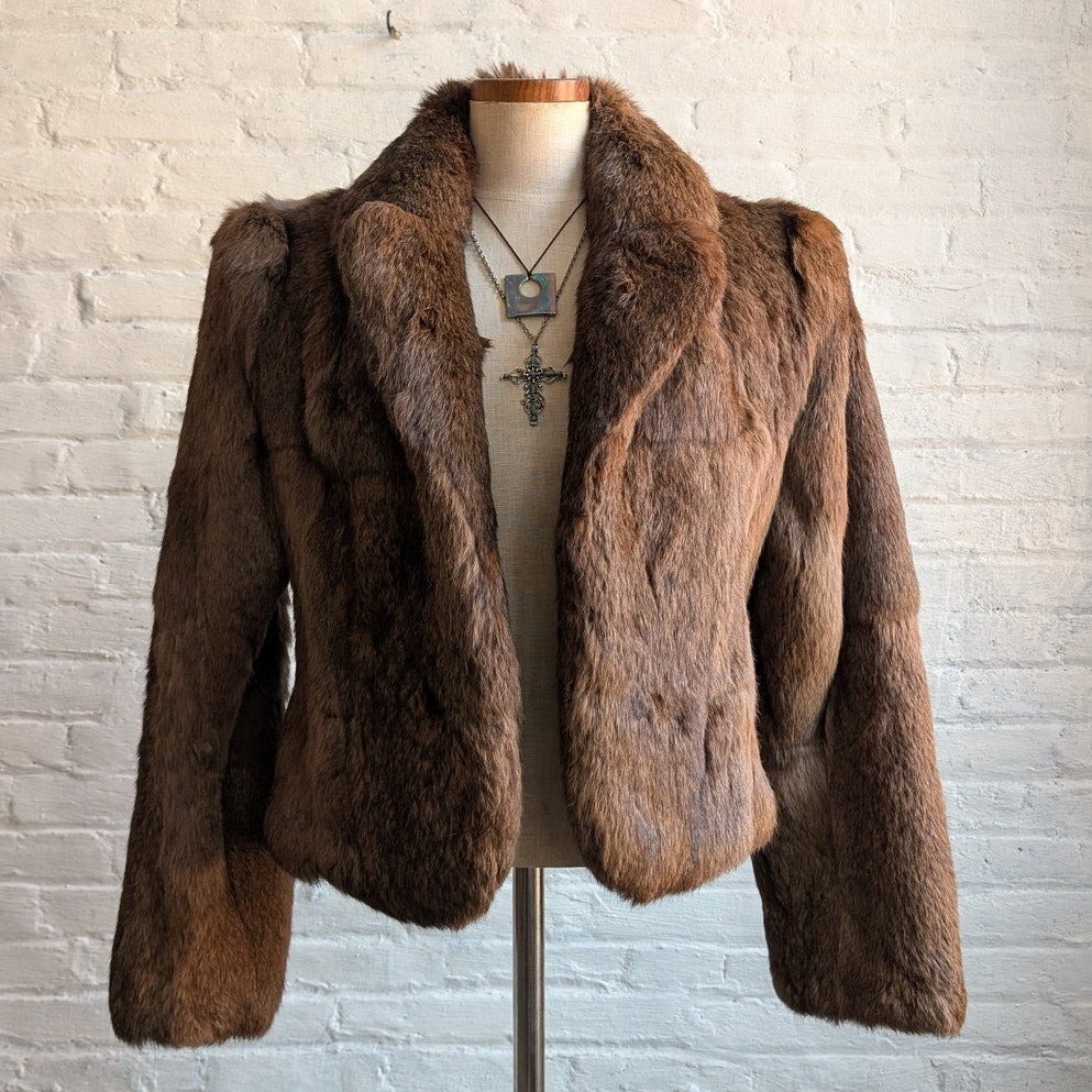 Vintage Brown Rabbit Fur Coat Crop Penny Lane Shaggy Furry Chic Mod Jacket