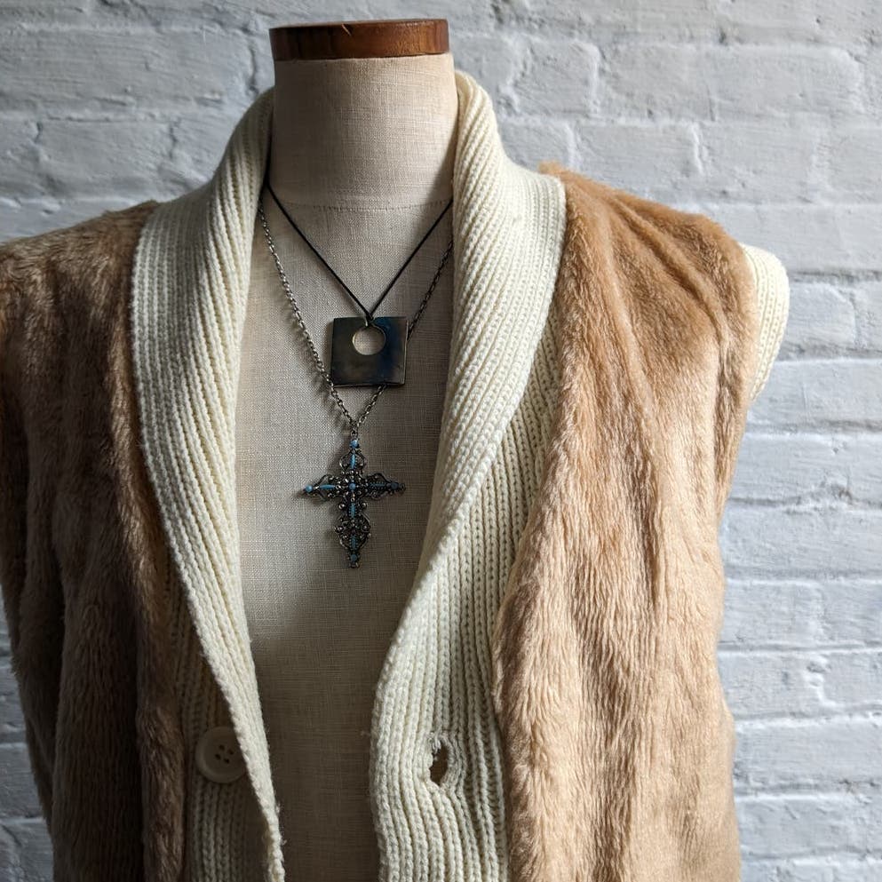 70s Vintage Knit Grandpa Sweater Vest Preppy Reversible Shaggy Faux Fur Top