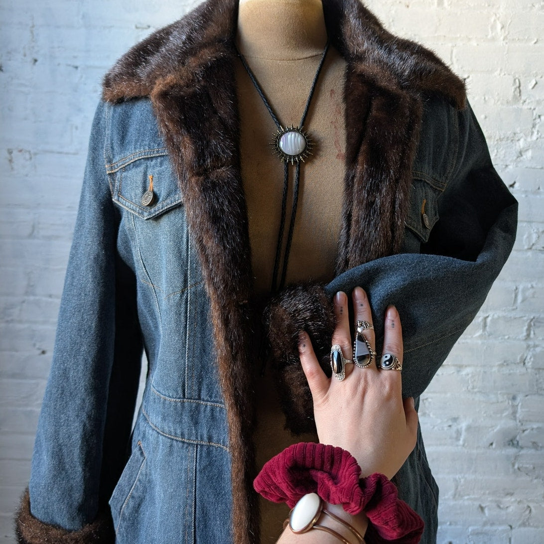 Vintage Denim Faux Fur Jacket Blue Jean Penny Lane Furry Cozy Western Chore Coat