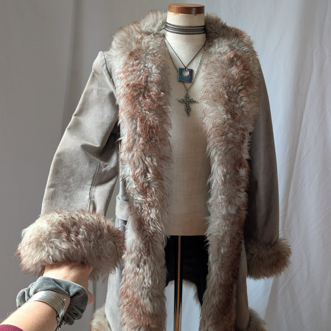 Vintage Suede Penny Lane Fur Trim Jacket M Tan Shearling 70s Leather Trench Coat
