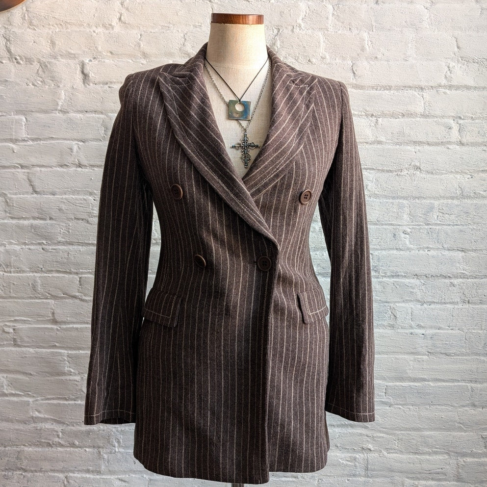 Vintage Brown Wool Pinstripe Blazer Earthy Wool Jacket Preppy Minimalist Medium