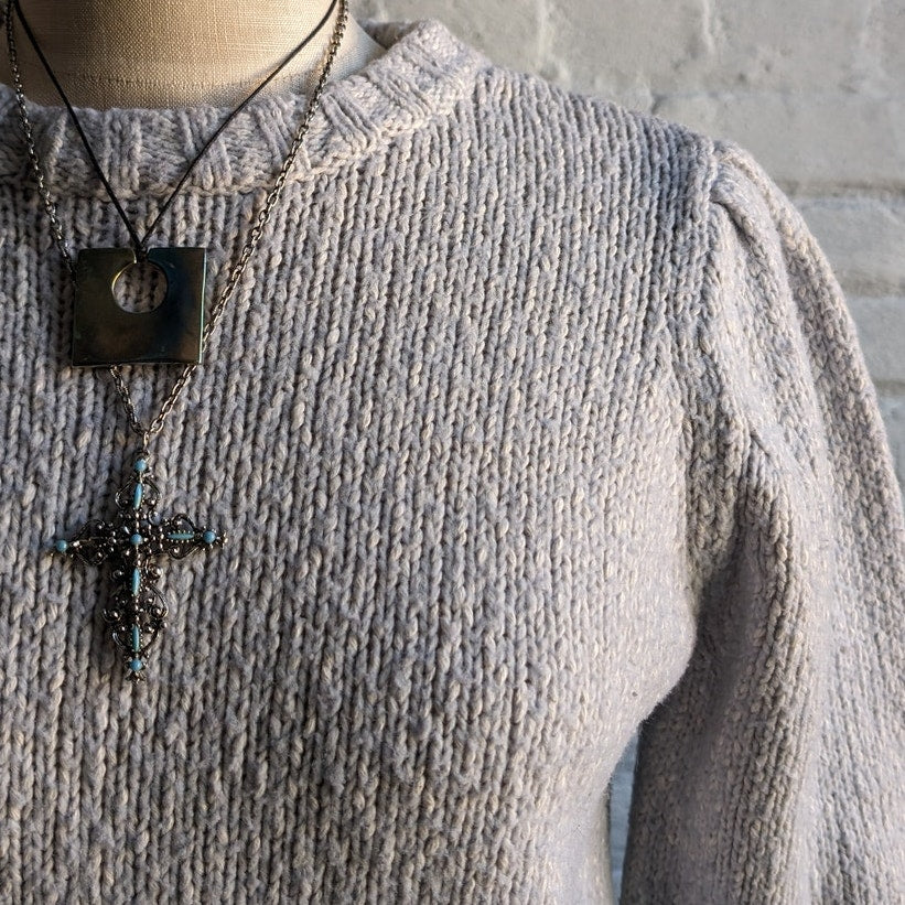 Y2K Vintage Pastel Blue Chunky Knit Sweater M Knitted Preppy Clean Girl Boho Top