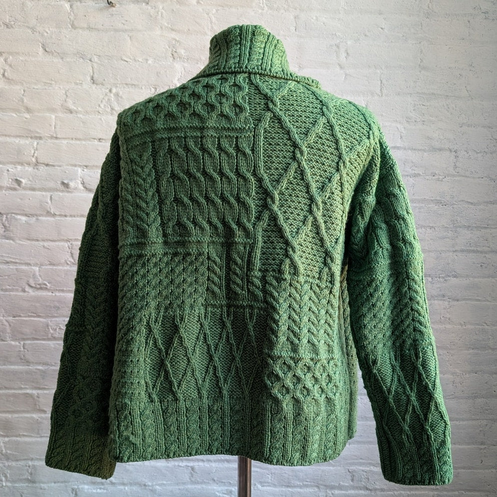 Vintage Green Wool Cable Knit Grandpa Sweater Minimalist Chunky Cardigan Top