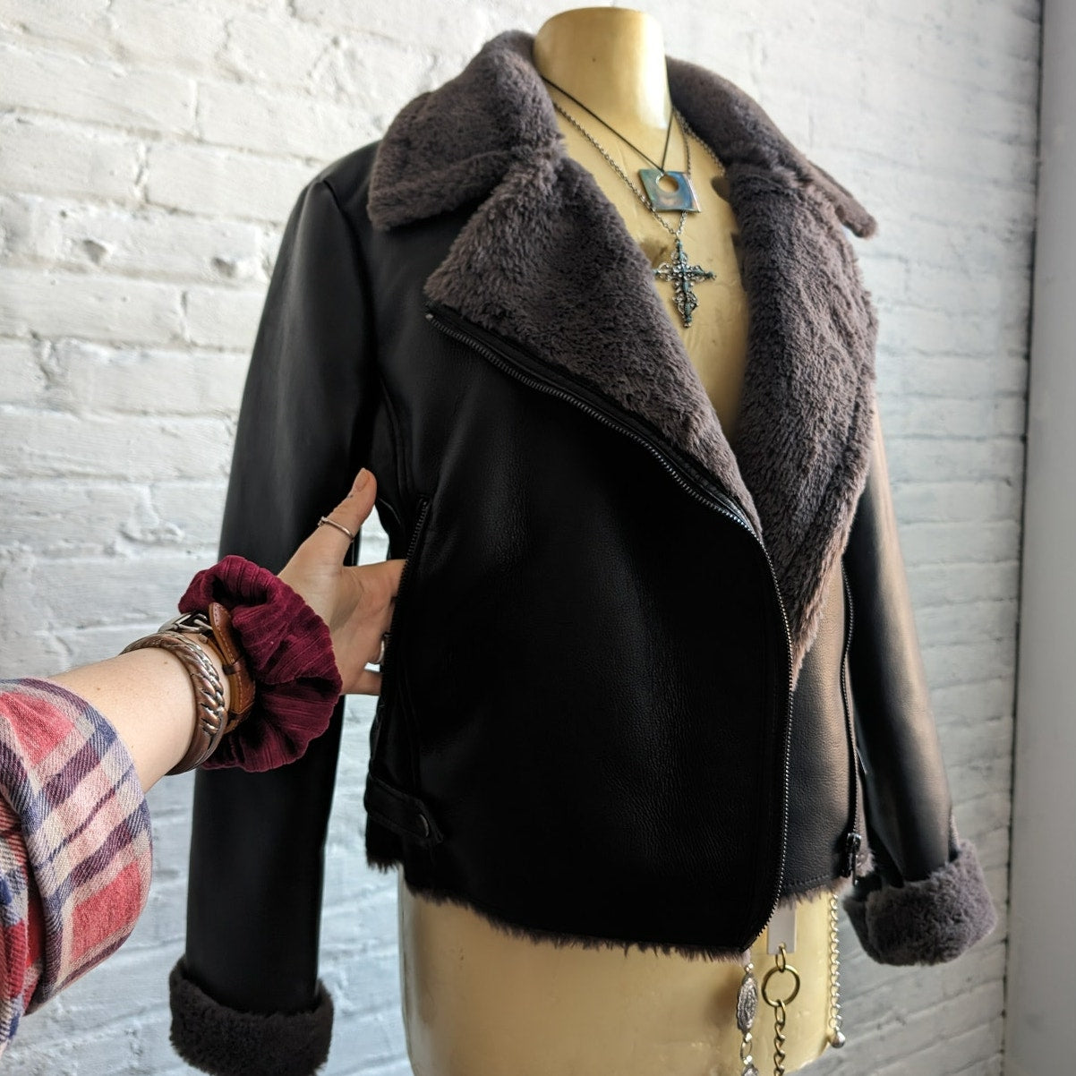 Y2K Black Faux Leather Faux Fur Moto Jacket Bomber Minimalist Grunge Biker Coat