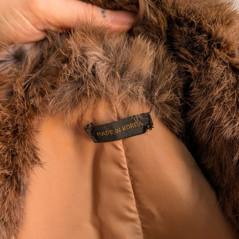 Vintage Brown Rabbit Fur Coat Crop Penny Lane Shaggy Furry Chic Mod Jacket
