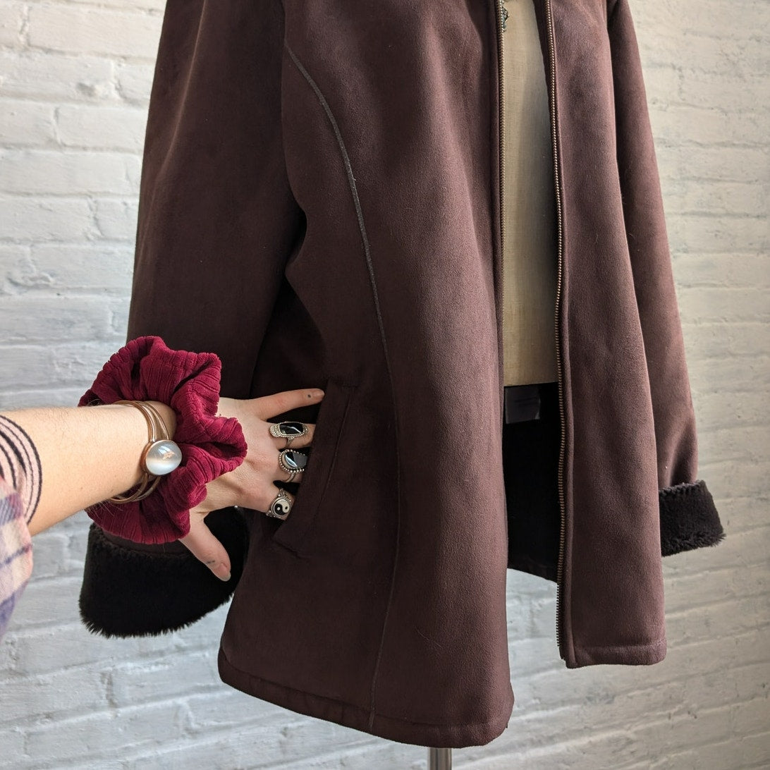 Vintage Brown Faux Suede Fox Fur Trim Coat Minimalist Mini Trench Boho Jacket