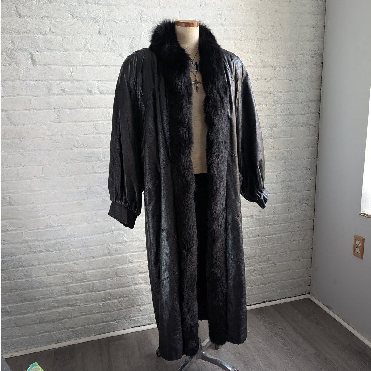 Vintage Black Leather Fox Fur Penny Lane Trench Coat Minimalist Duster Jacket