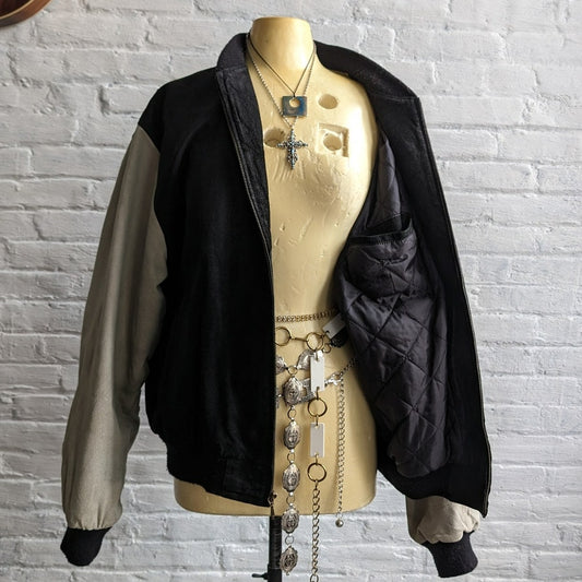Vintage Black Leather Bomber Suede Varsity Jacket Letterman Colorblock Large