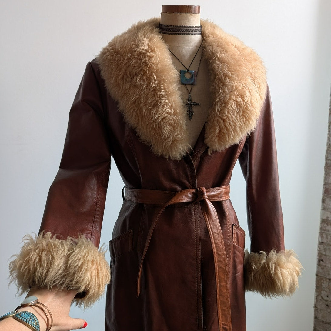 Vintage Leather Jacket Red Brown 70s Penny Lane Trench Coat Afghan Fur Medium