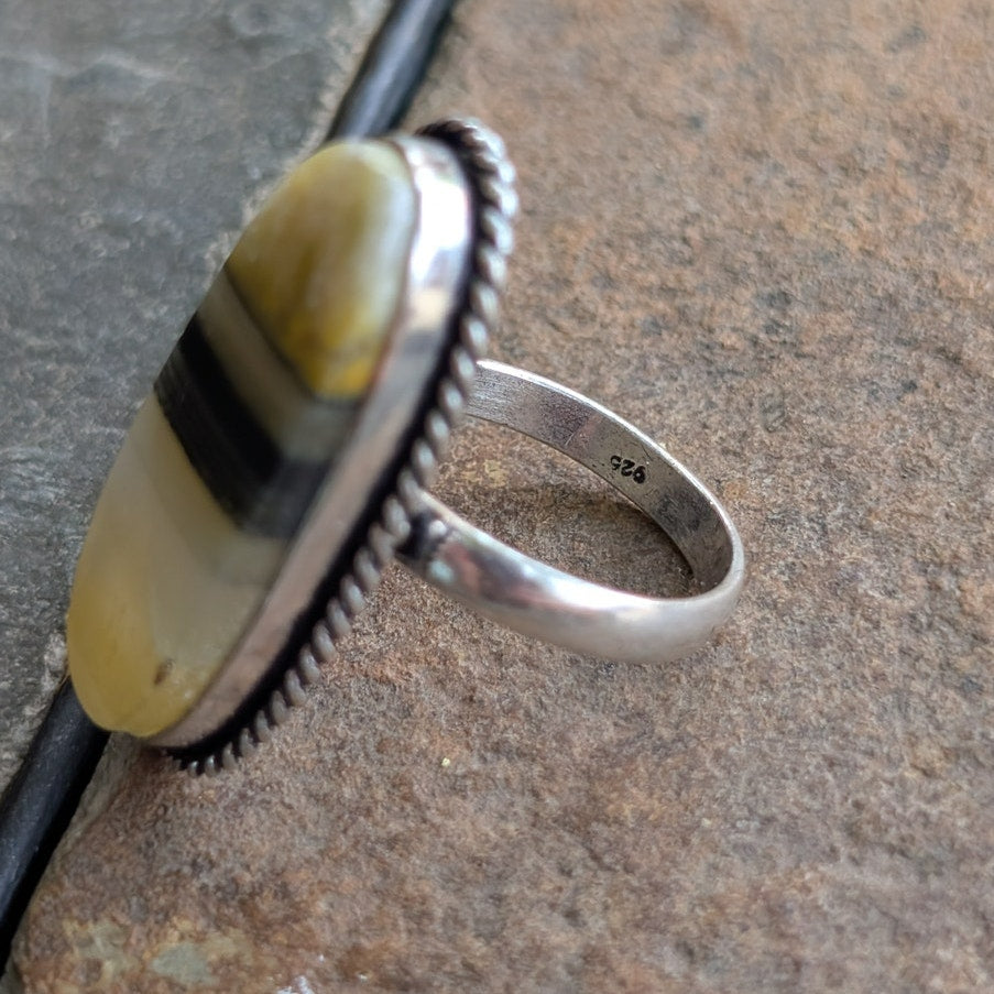 Yellow Striped Boho Statement Ring Sterling Silver Vintage Southwest Size 7.75