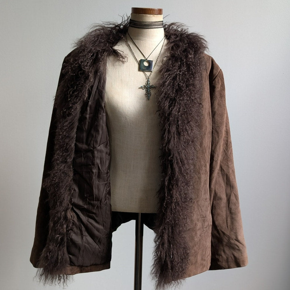 Vintage Brown Suede Penny Lane Jacket Fur Coat Groovy Leather Trench Coat XL