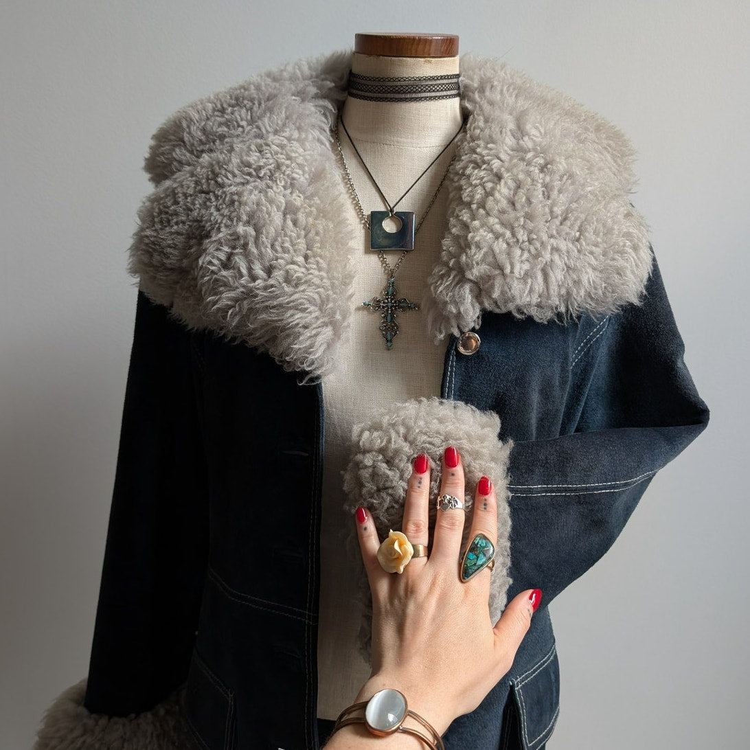 70s Vintage Blue Suede Penny Lane Fur Coat Leather Jacket Trench Boho Medium