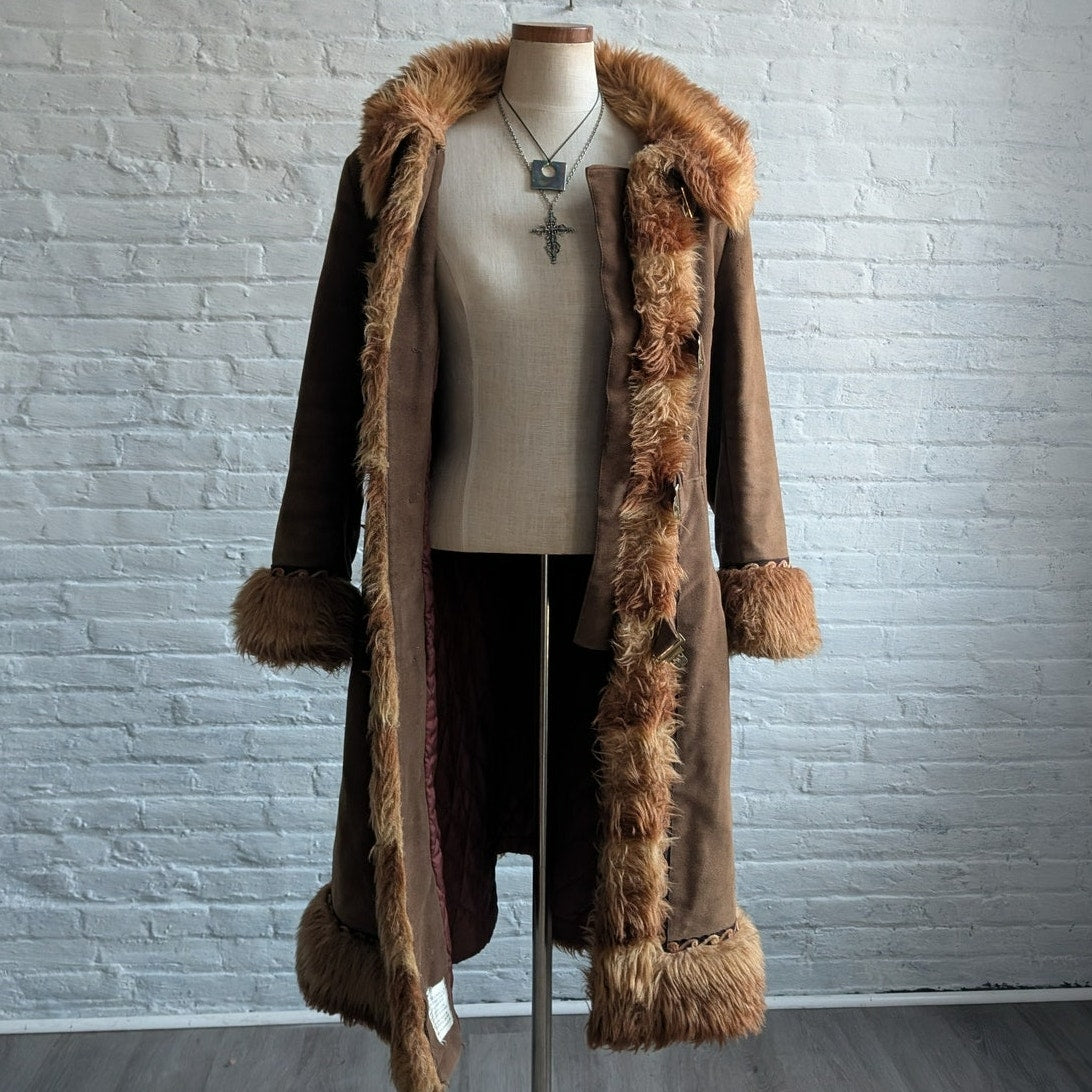 70s Vintage Brown Faux Fur Afghan Coat Penny Lane Groovy Shaggy Trench Jacket