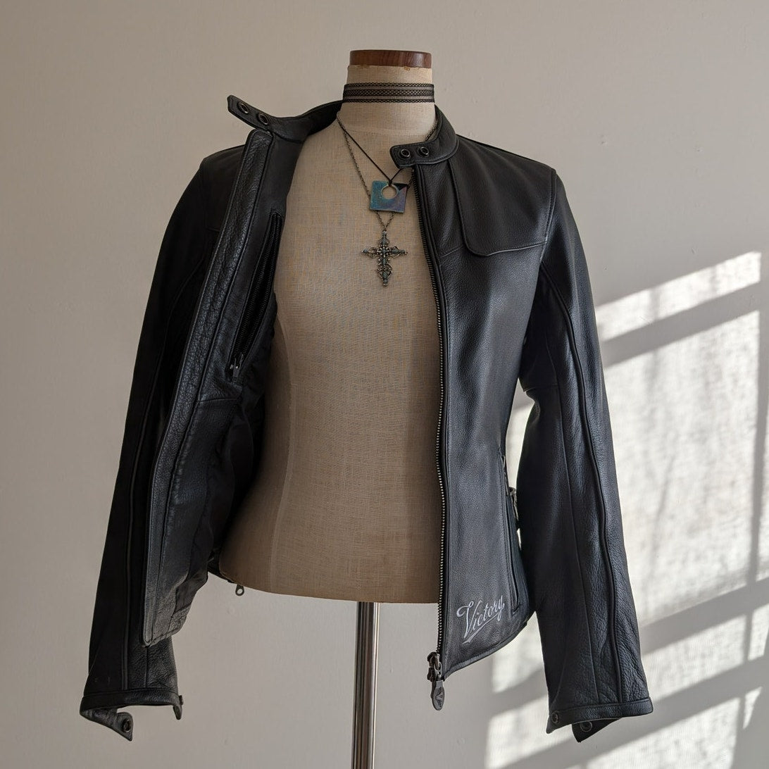 Vintage Black Leather Moto Jacket S Victory Motorcycles Utility Punk Biker Coat
