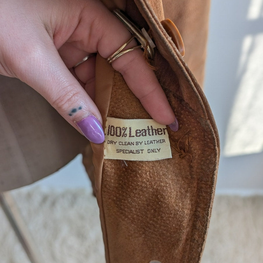 Vintage Brown Leather Coat 70s Suede Penny Lane Jacket Boho Chic Neutral Small