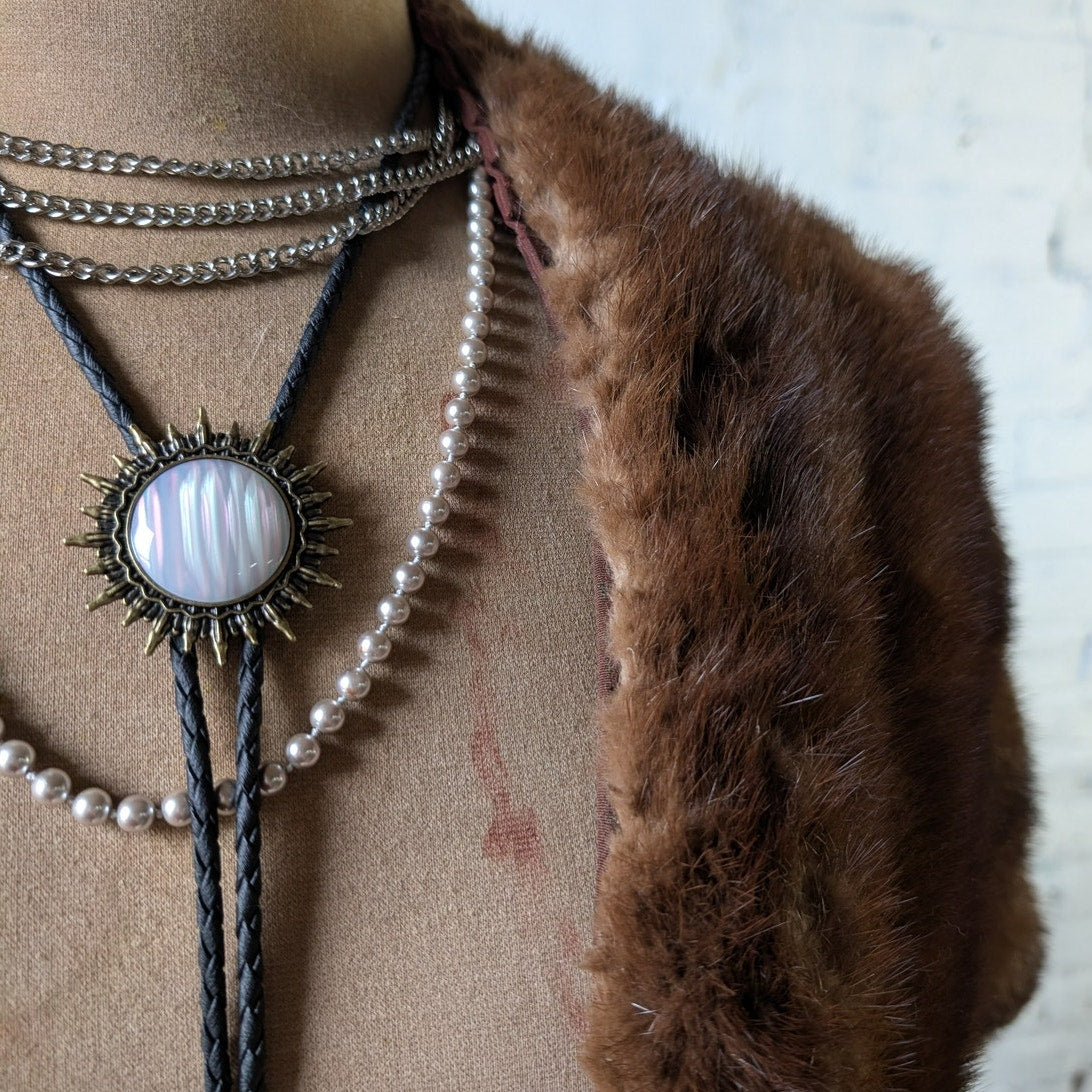 Vintage Brown Mink Fur Stole Scarf Mob Wife Shawl Genuine Furry Boho Chic Shrug